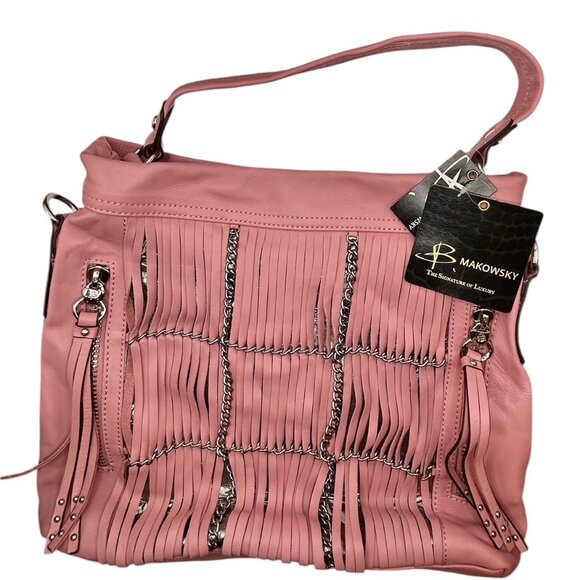 B. Makowsky Leather Fringe Convertible Crossbody Bag | Pink Shoulder Purse | NWT - Picture 1 of 5